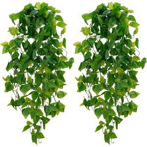 Fake Hanging Plants, 2pcs Artificial Hanging Plant, Faux Pothos Vines Greenery f